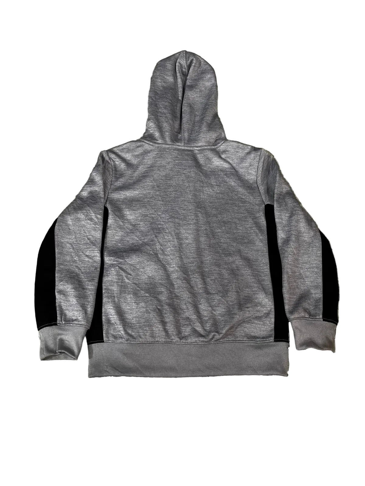 A gray heathered hoodie with black side panel accents on the sleeves, shown from the back.