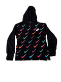 A black Nike hoodie with an all-over neon multicolor swoosh pattern and a white Nike logo on the chest,