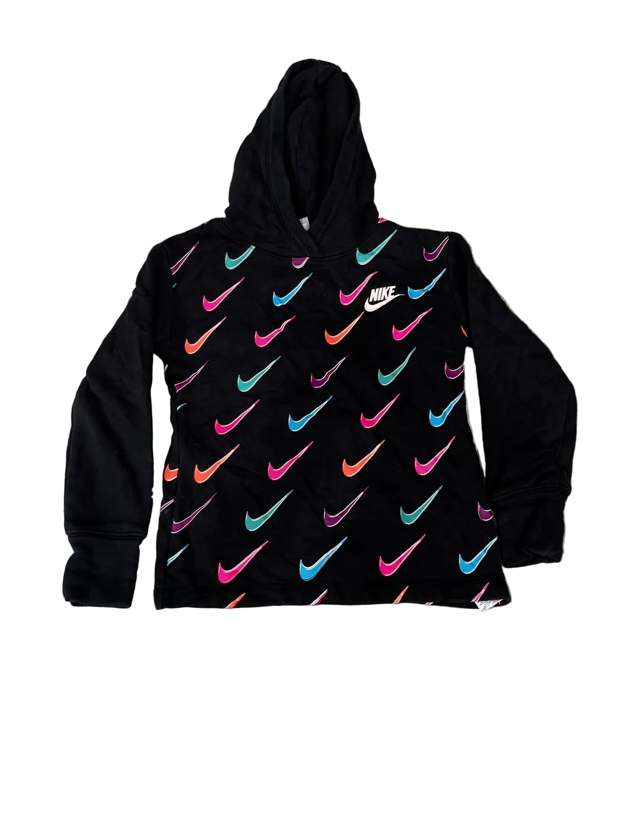 A black Nike hoodie with an all-over neon multicolor swoosh pattern and a white Nike logo on the chest,