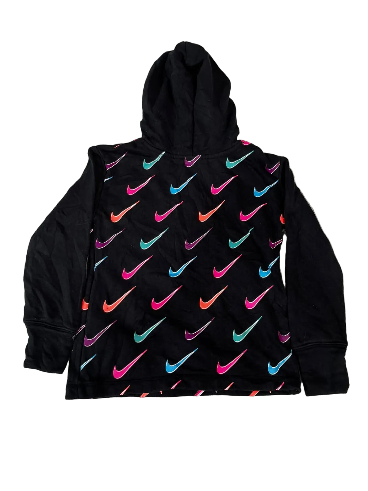 A black Nike hoodie with an all-over neon multicolor swoosh pattern,