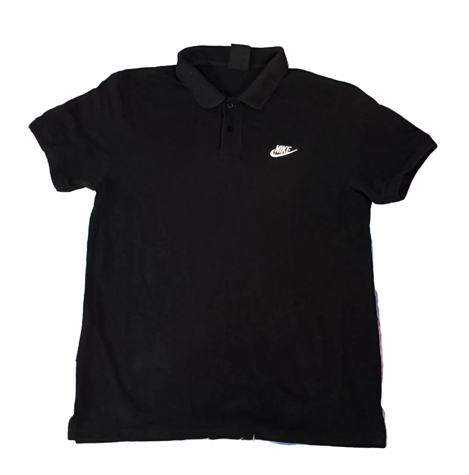 A black short-sleeve polo shirt with a small white Nike swoosh logo on the left chest, 