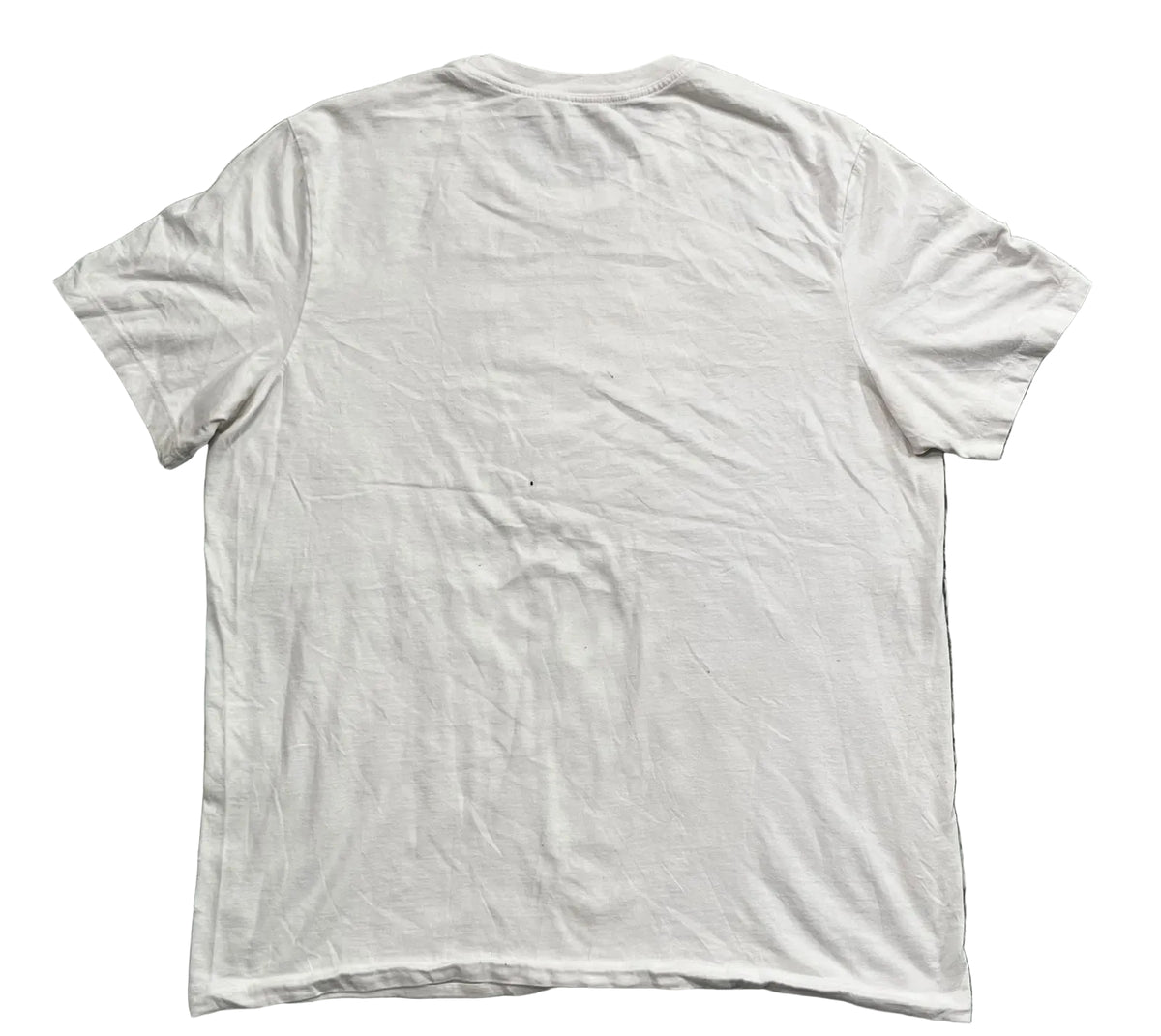 A plain white short-sleeve t-shirt, showing the back side with natural wrinkles.
