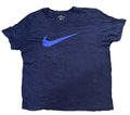 A navy blue Nike short-sleeve t-shirt with a blue Swoosh logo on the chest, 