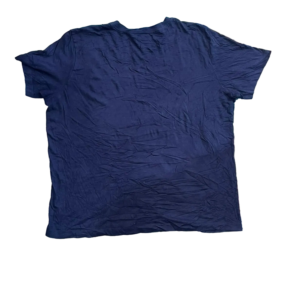 A dark navy blue short-sleeve t-shirt on a white plain background 