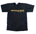 A black short-sleeve T-shirt shirt has 'MIZZOU TIGERS-BASKETBALL' printed in gold across the chest, with a small white Nike swoosh logo to the right.