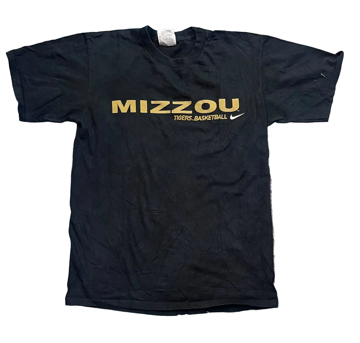 A black short-sleeve T-shirt shirt has 'MIZZOU TIGERS-BASKETBALL' printed in gold across the chest, with a small white Nike swoosh logo to the right.