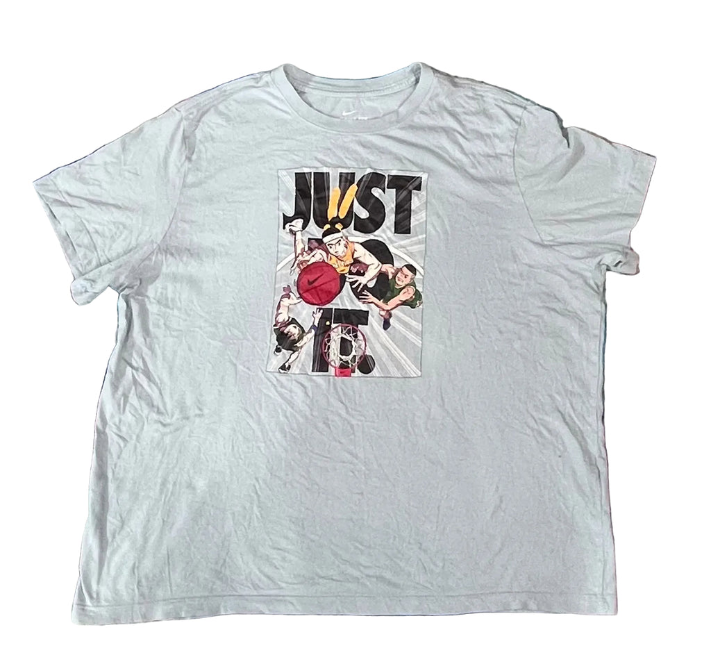 A light gray graphic t-shirt featuring a 'JUST DO IT' basketball design,