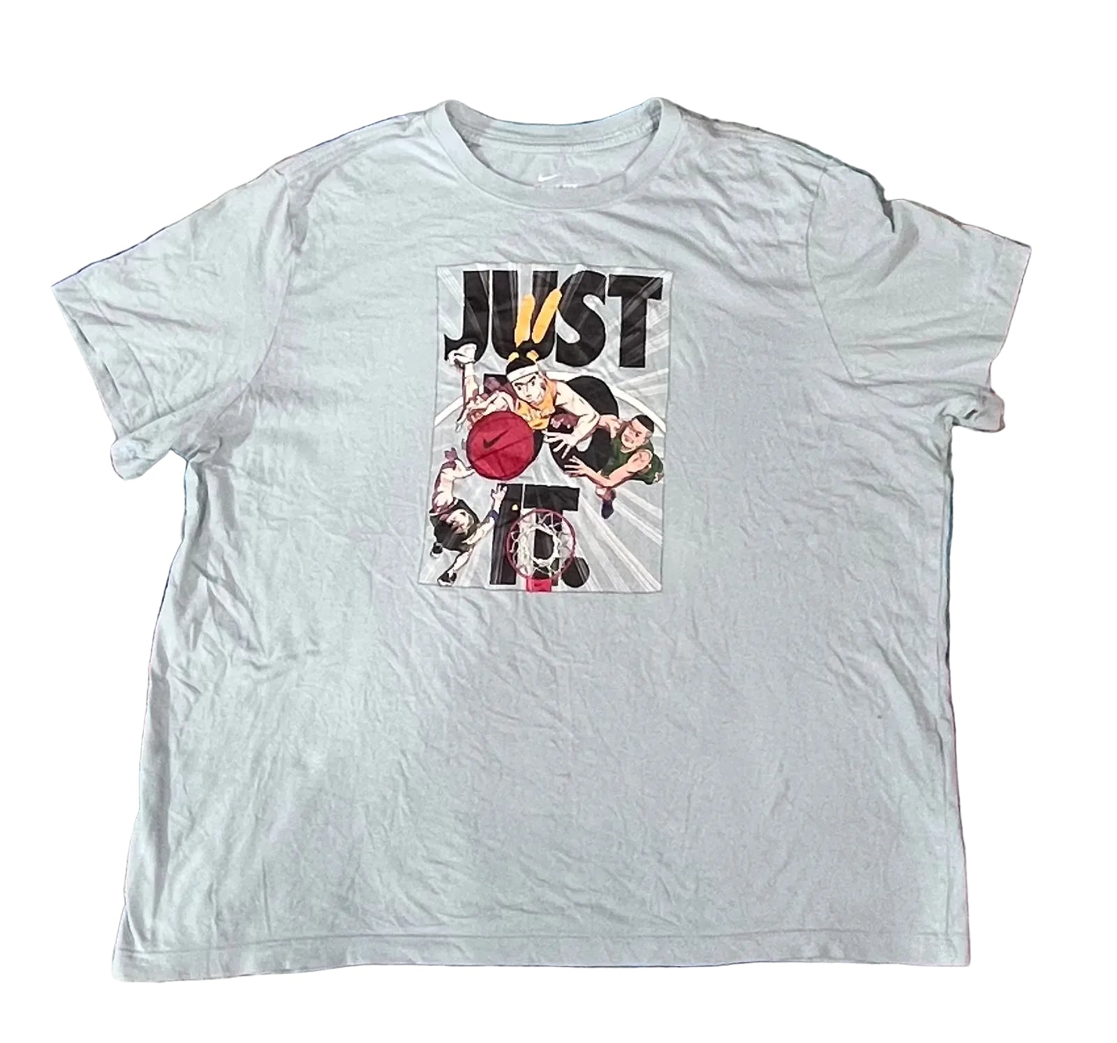A light gray graphic t-shirt featuring a 'JUST DO IT' basketball design,