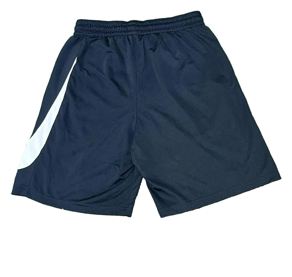 Black athletic shorts with a white stripe on a White background