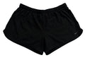 Black Nike running shorts with an elastic waistband, ON THE WHITE BACKROUND