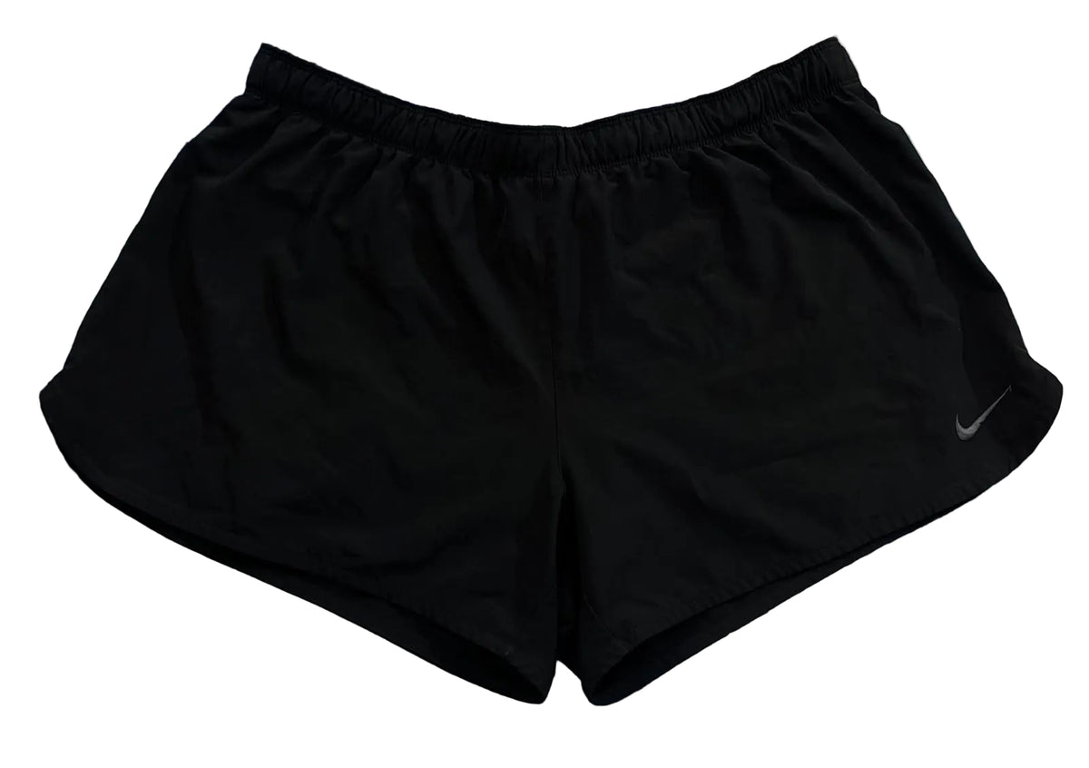 Black Nike running shorts with an elastic waistband, ON THE WHITE BACKROUND
