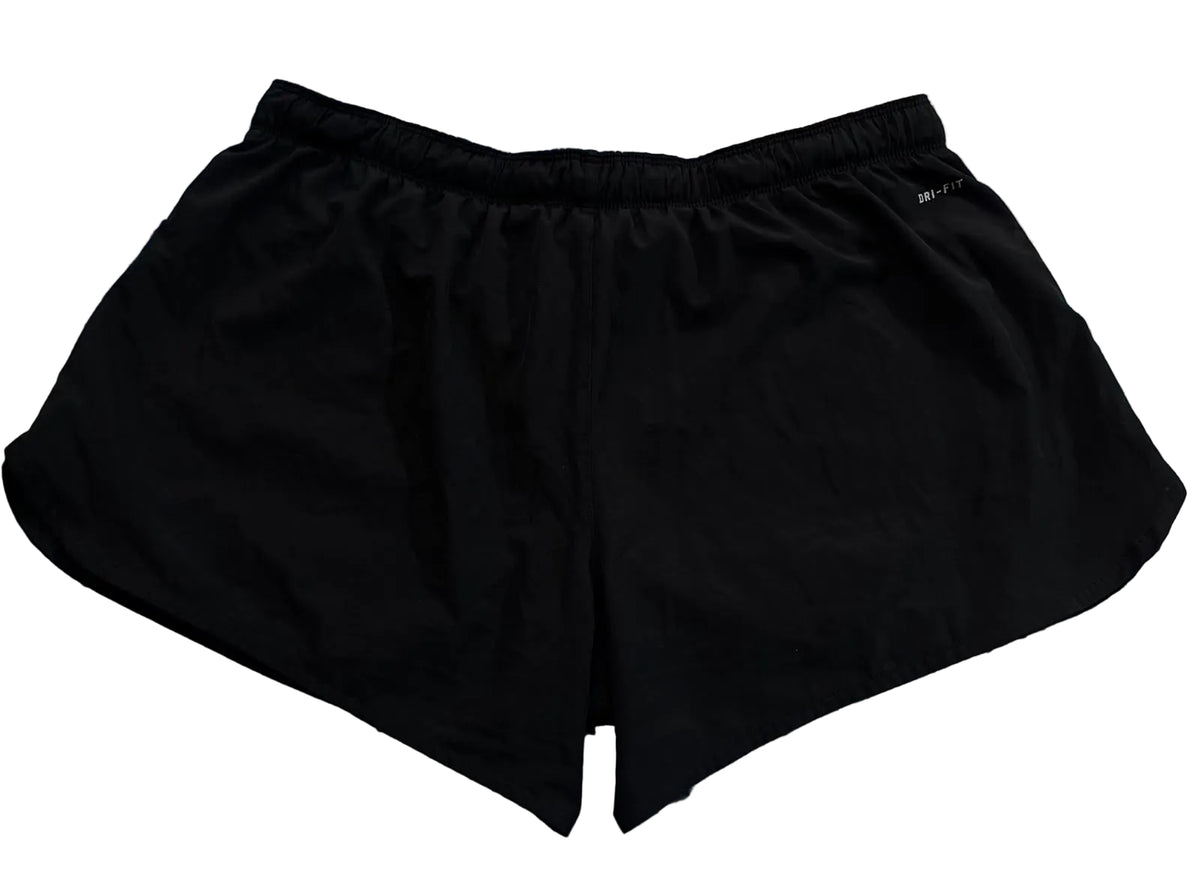 Black athletic shorts with an elastic waistband, ON THE WHITE BACKGROUND 