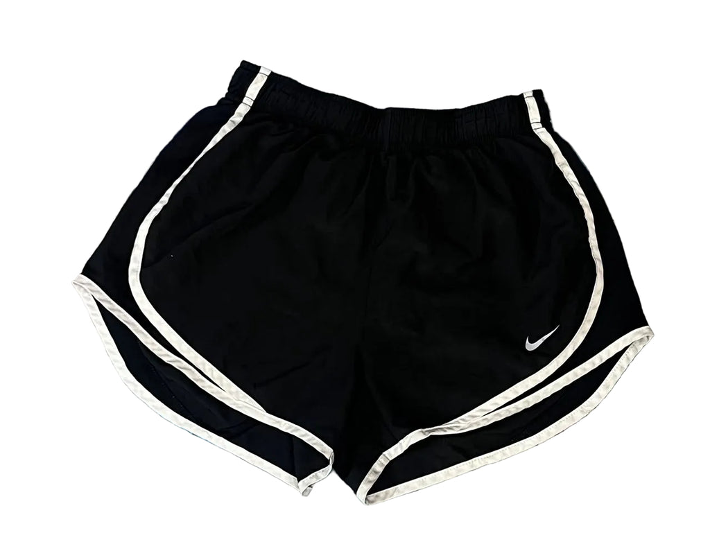 Black Nike athletic shorts with white side stripes and a white swoosh logo, 