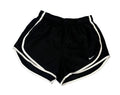 Black Nike athletic shorts with white side stripes and a white swoosh logo, 
