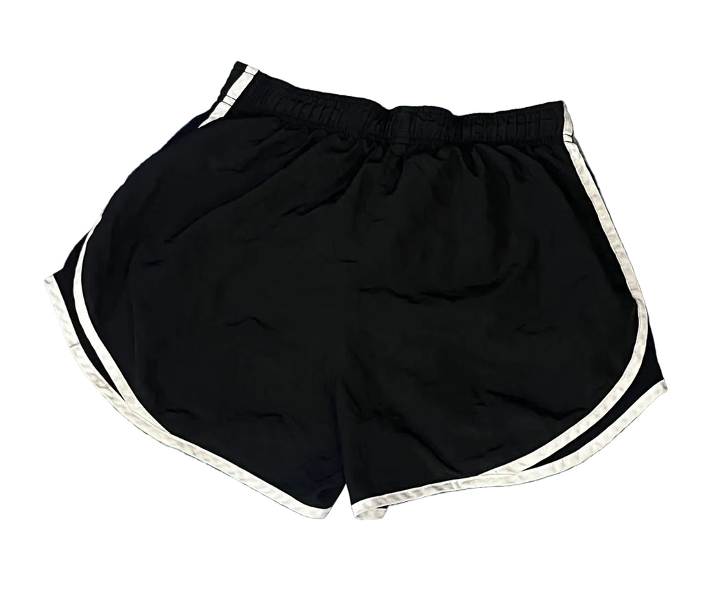Black athletic shorts with white side stripes 