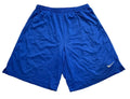 Blue Nike athletic short. A small white Nike swoosh logo is visible on the lower left leg of the shorts.