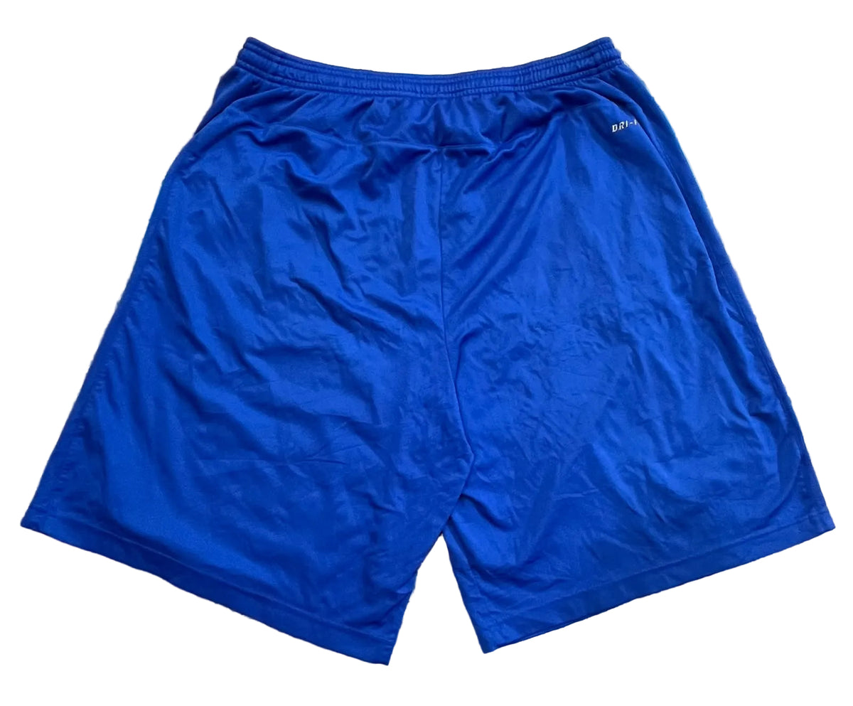 Blue athletic shorts. A small white logo is visible near the upper right hip.