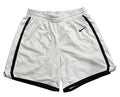 White Nike athletic shorts with black side stripes and a black swoosh logo, 