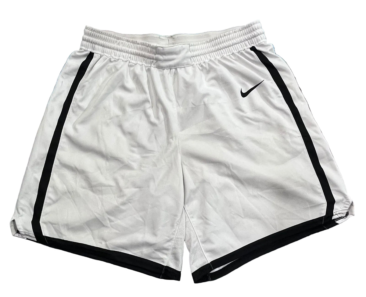 White Nike athletic shorts with black side stripes and a black swoosh logo, 