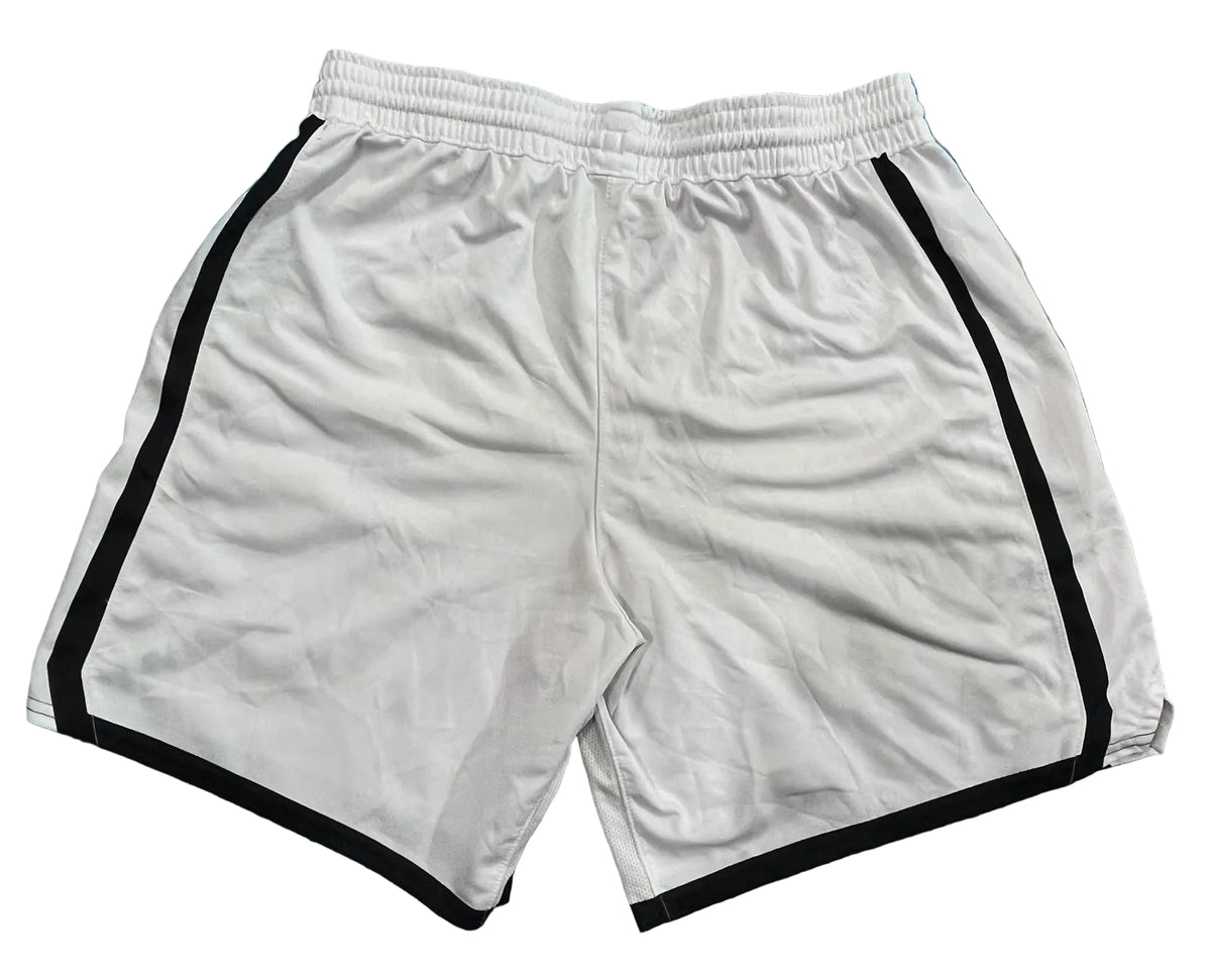 White athletic shorts with black side stripes and black trim, 