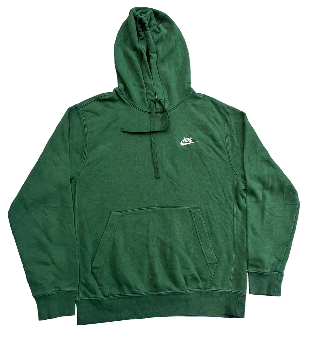 A dark green Nike pullover hoodie with a small white embroidered logo on the left chest,