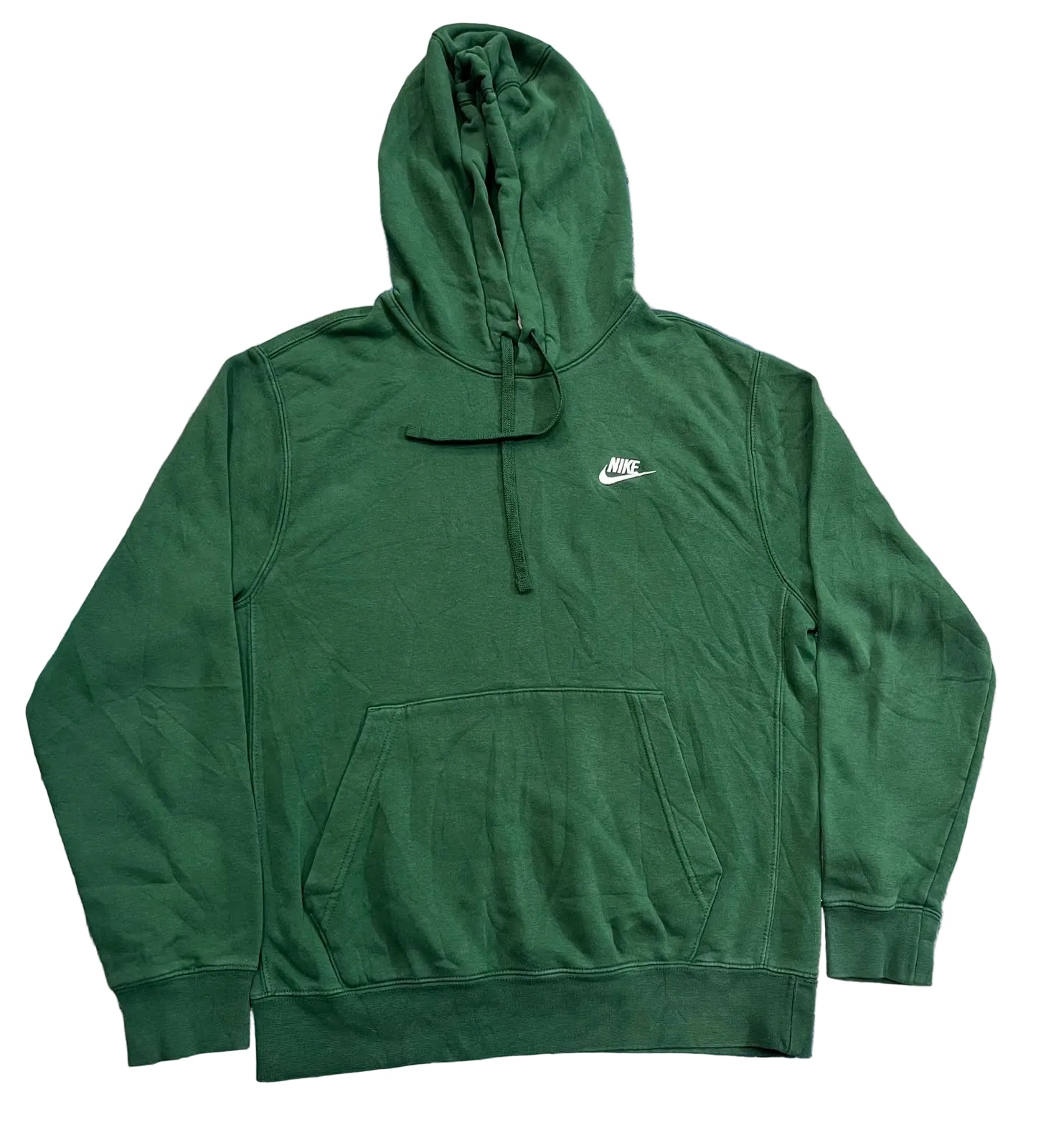 A dark green Nike pullover hoodie with a small white embroidered logo on the left chest,