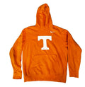 An orange Nike hoodie featuring a large white block letter 'T' on the chest and a small white swoosh logo on the right chest,