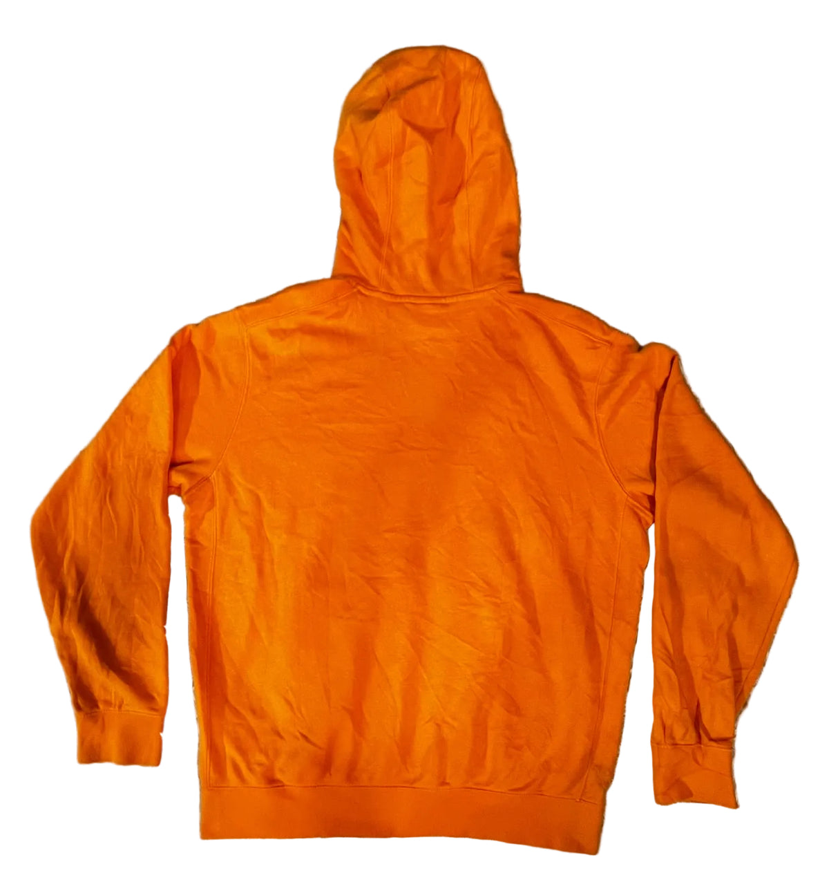 An orange hooded sweatshirt l, showing the back view.