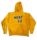 A yellow-orange Miami Heat hoodie with 'HEAT 14' printed on the chest, 