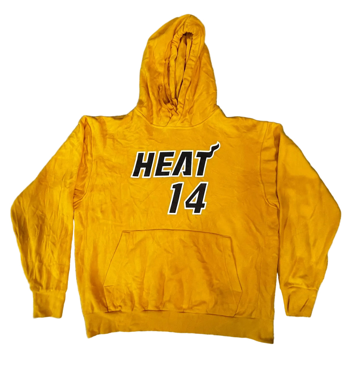 A yellow-orange Miami Heat hoodie with 'HEAT 14' printed on the chest, 