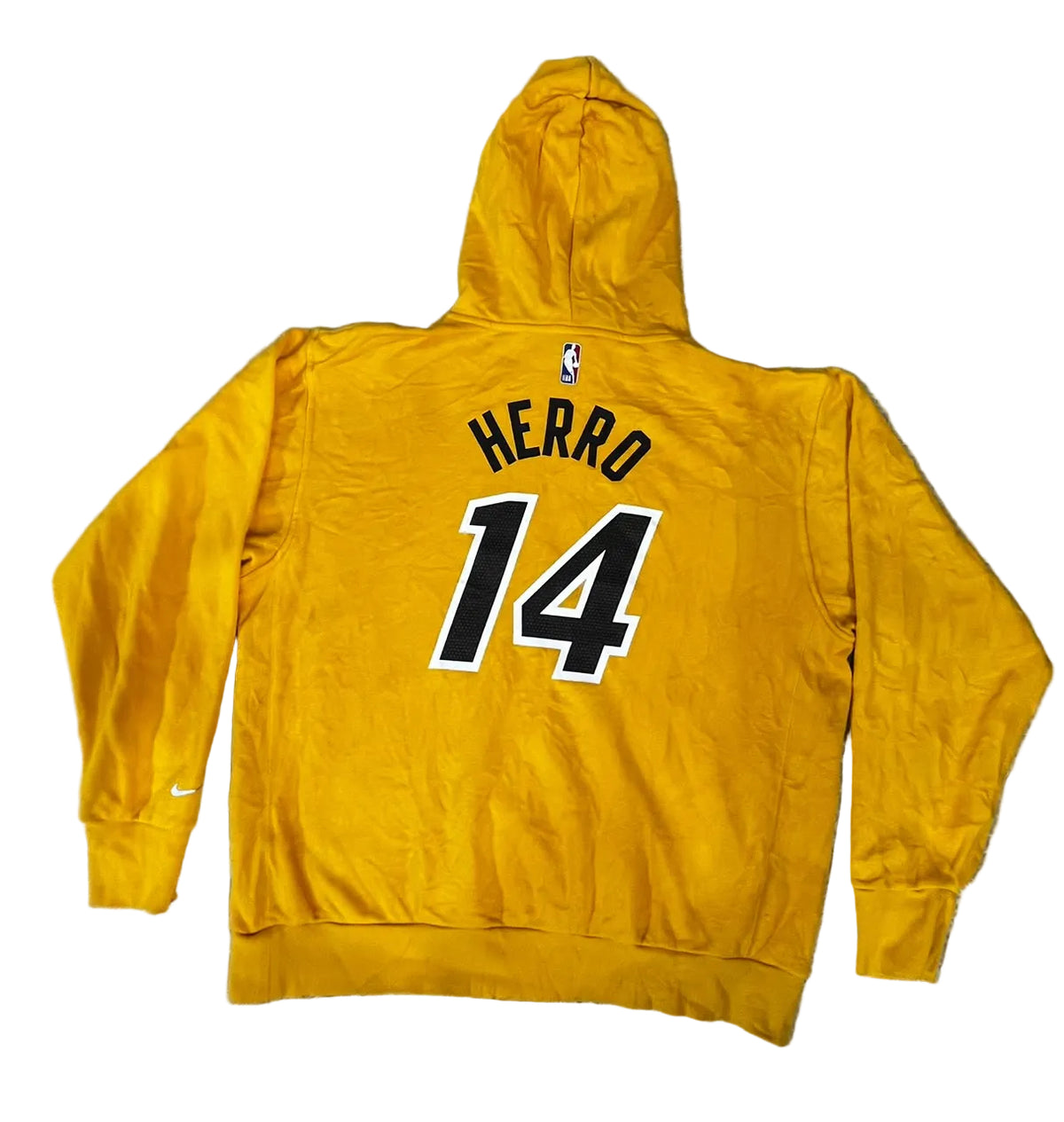 A yellow hoodie shown from the back, The back features 'HERRO' and the number '14' in black with a white outline, and a small NBA logo is visible above the hood.