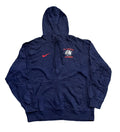 A navy blue Nike pullover hoodie with a red swoosh on the left chest and a 'Life Christian Academy' eagle logo on the right chest,