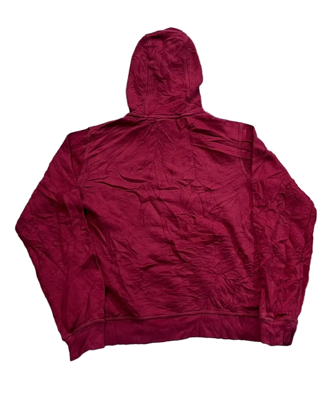 A wrinkled, solid deep magenta-red hooded sweatshirt