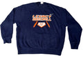 A navy blue crewneck sweatshirt with 'LEGACY BASEBALL' and a Nike swoosh printed in orange and white on the chest