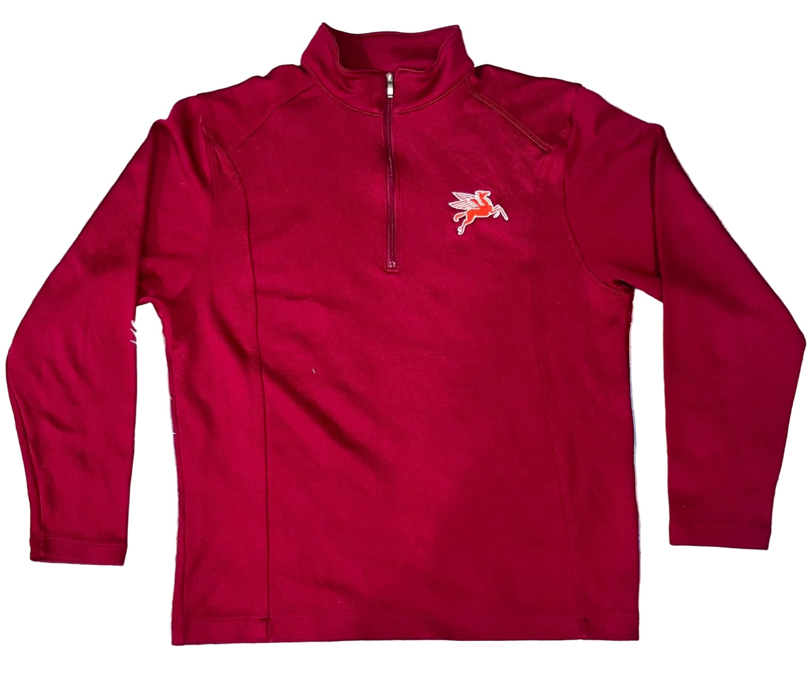 A maroon long-sleeve quarter-zip pullover sweatshirt with a small embroidered pegasus logo on the left chest,