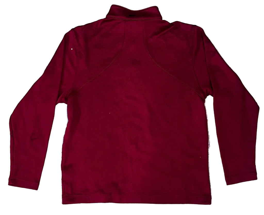 A long-sleeve maroon athletic top with a mock neck collar, 