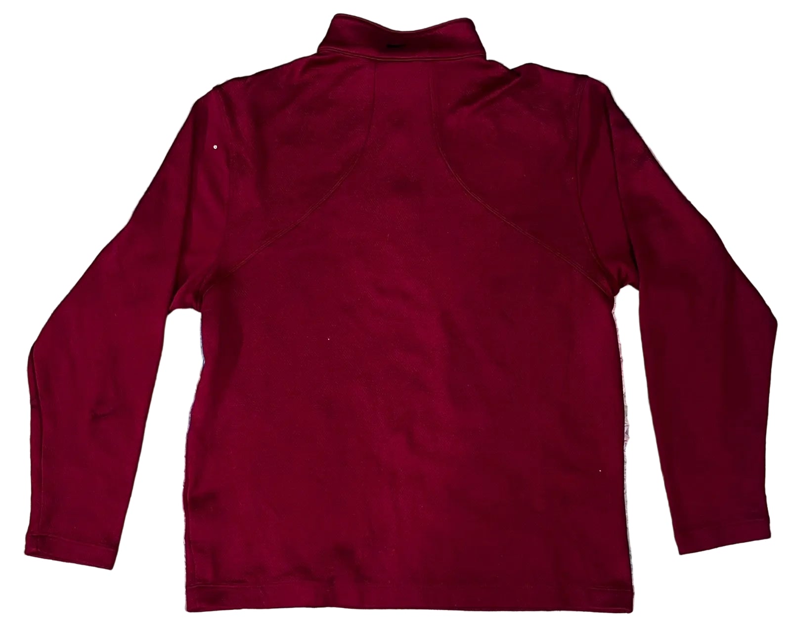 A long-sleeve maroon athletic top with a mock neck collar, 