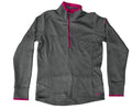 A dark gray Nike long-sleeve quarter-zip athletic pullover with bright pink accents on the collar, zipper, cuffs, and a small swoosh logo near the lower hem, 