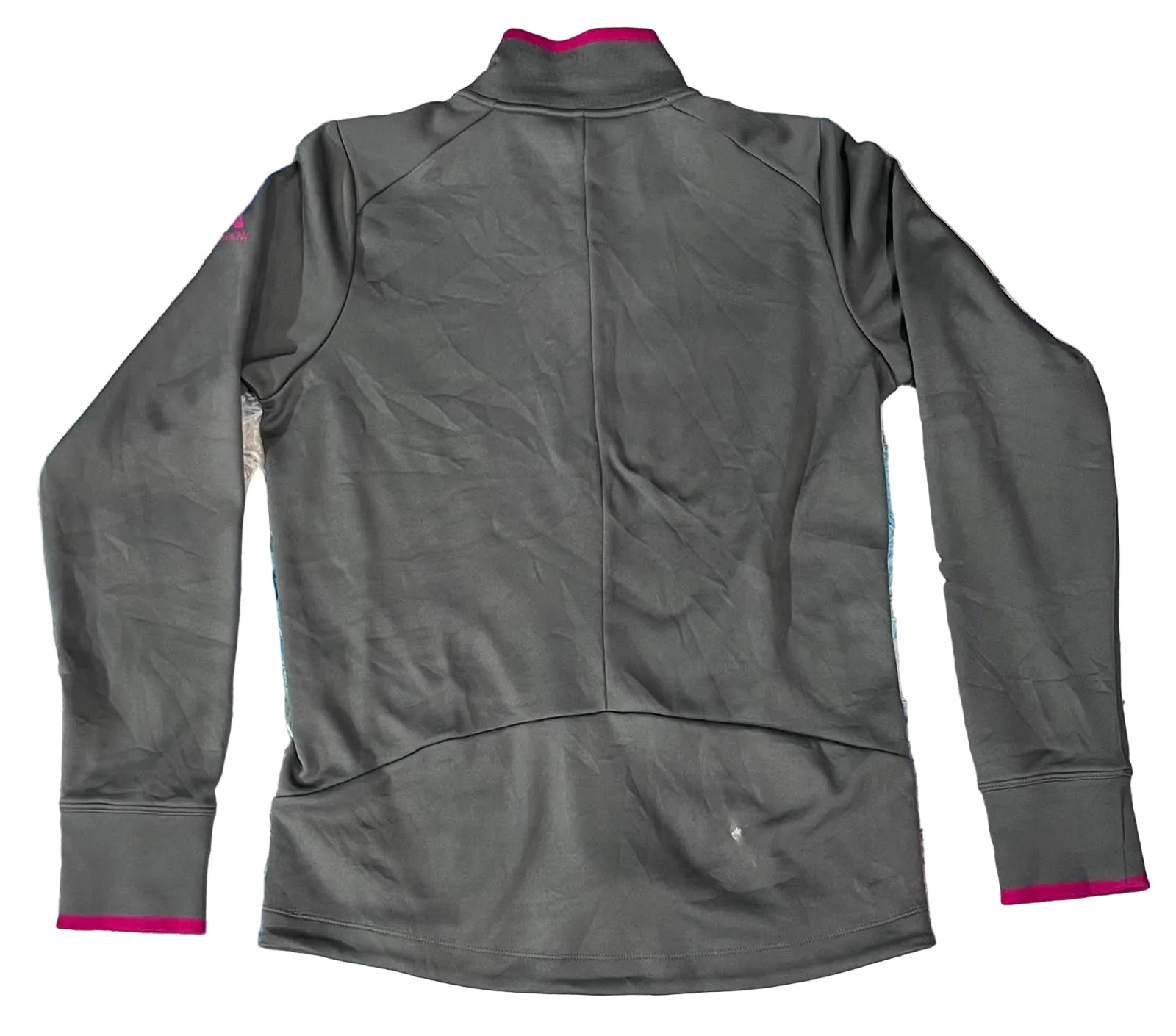 A dark gray long-sleeve athletic top shown from the back The top has a mock neck with bright pink trim, pink trim on the cuffs, and a central seam running down the back.