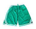 Green Boston Celtics athletic shorts with white stripes, a white elastic waistband with a green shamrock, and a white Nike swoosh, 