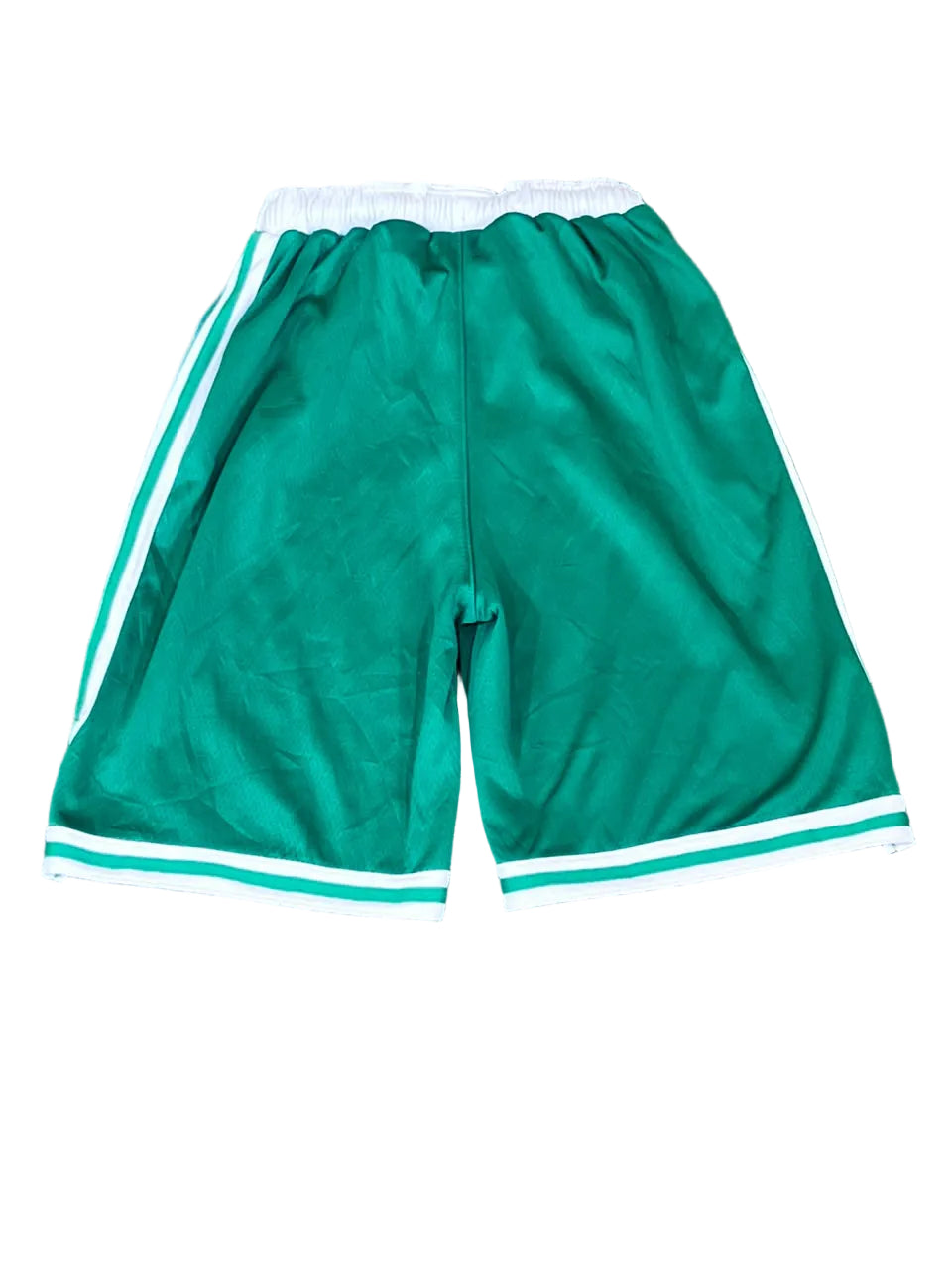 Green athletic shorts with white side stripes and white trim at the waistband and hem, 