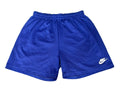 Blue Nike athletic shorts with a white logo on the lower left leg, 