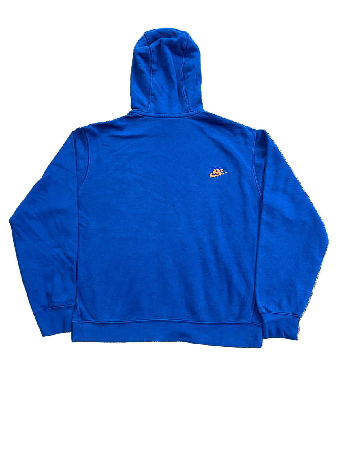 A royal blue Nike hoodie , showing the back view with a small embroidered Nike logo on the upper left.