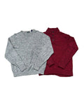 Two knit sweaters laid flat on a speckled floor: a heather gray crewneck sweater and a burgundy mock-neck button-front sweater.
