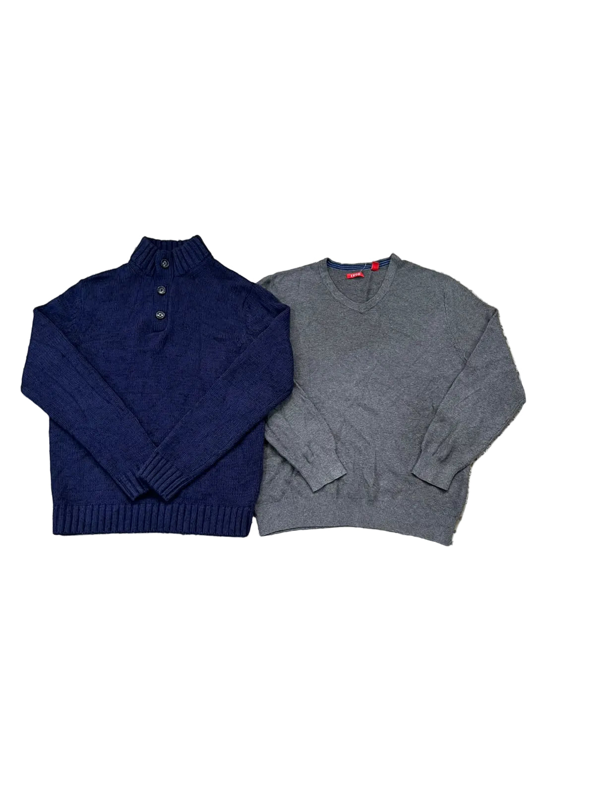 Two knit sweaters l a navy blue mock-neck sweater with a three-button placket on the left, and a heather gray crew-neck sweater on the right.