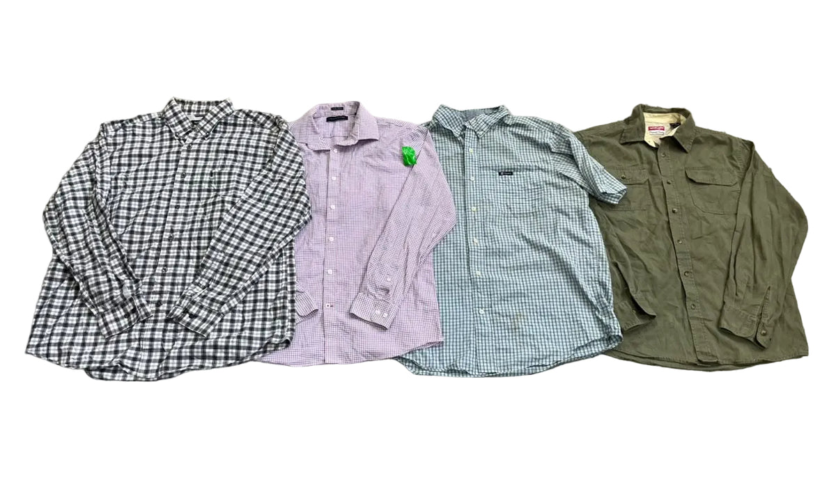 Four men's long-sleeve button-down shirts a black and white gingham check shirt, a light lavender button-down with a small green tag, a light blue and white gingham shirt, and an olive green button-down with chest pockets.