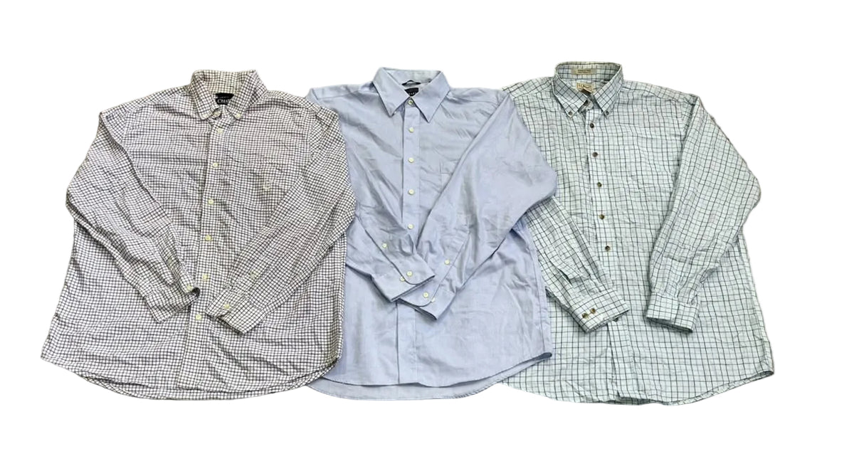 Three men's long-sleeve button-down shirts The left shirt is white with a thin red grid pattern, the center shirt is light blue with a subtle check, and the right shirt is white with a light blue grid pattern.