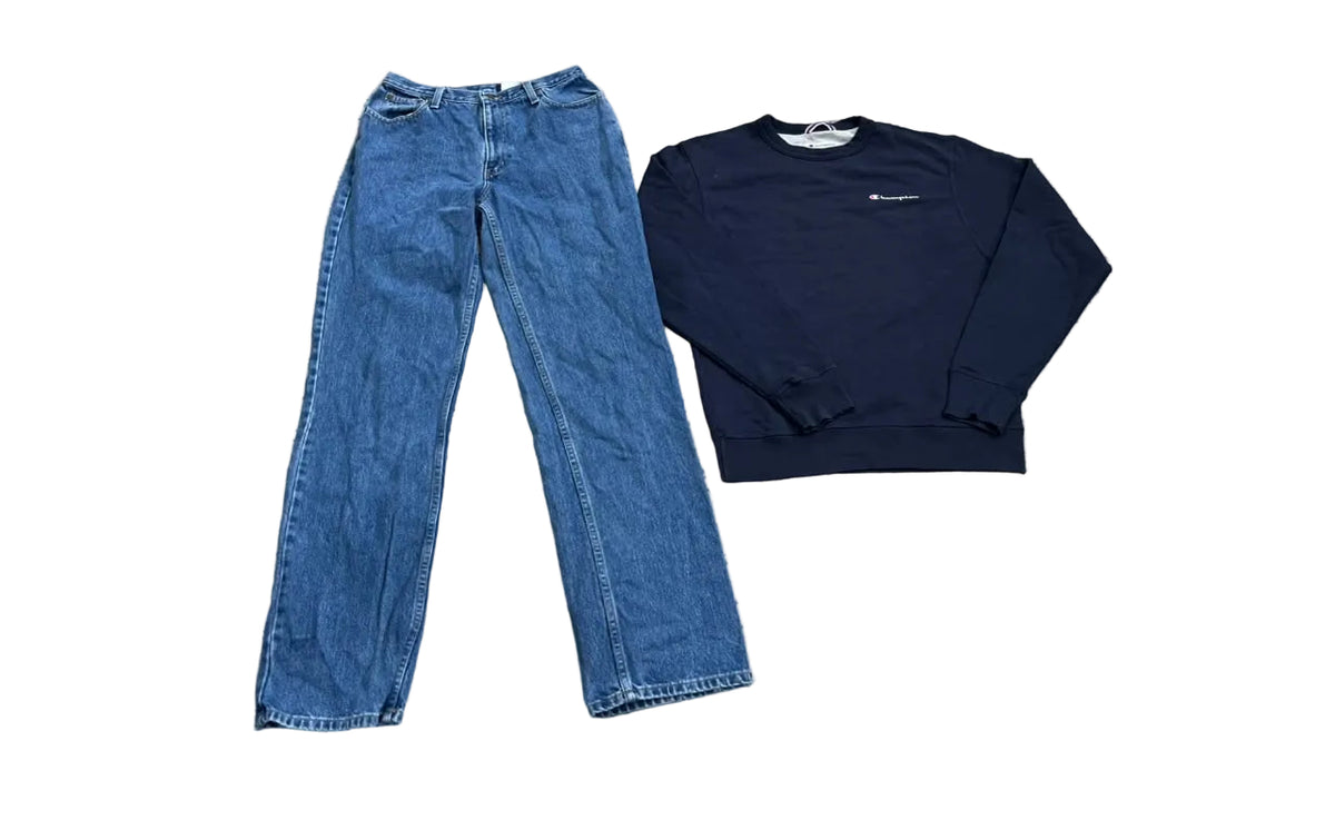 A pair of blue denim jeans and a dark navy long-sleeve sweatshirt