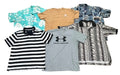 Six different short-sleeve t-shirts and button-up shirts. The collection includes a turquoise floral shirt, a tan crewneck, a blue patterned shirt, a black-and-white striped polo, a gray Under Armour t-shirt, and a black-and-white patterned shirt.