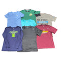 A collection of seven athletic t-shirts and a long-sleeve shirt The shirts include various colors like blue, green, gray, navy, and maroon, with different collegiate and sports team graphics.